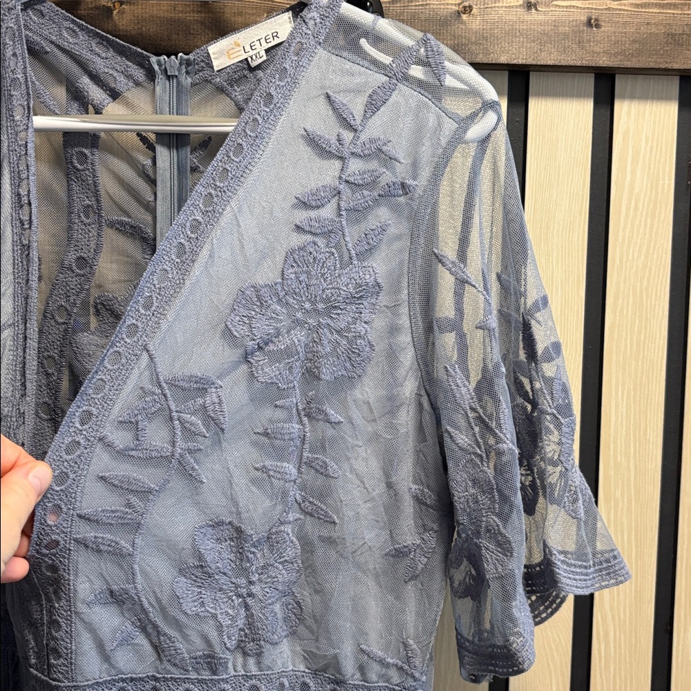 Blue Sheer Embroidered Maxi Dress